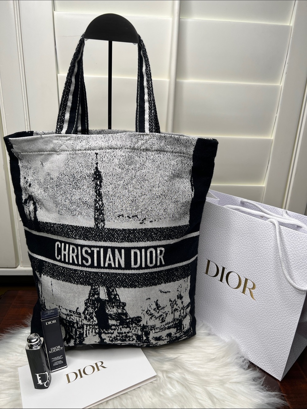 Dior Beauty Black & White Paris Jacquard Tote Bag With Lipstick, Shopping Bag NW